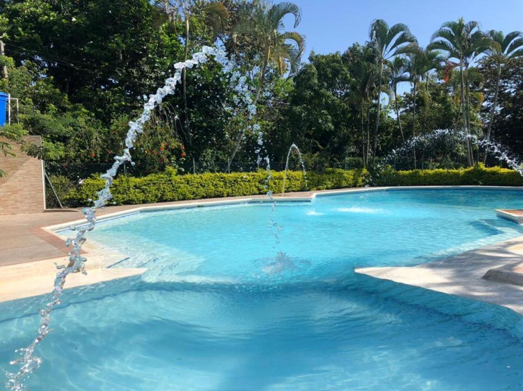 a swimming pool with a water fountain at FINCA HOTEL EL ENSUEÑO in Ibagué