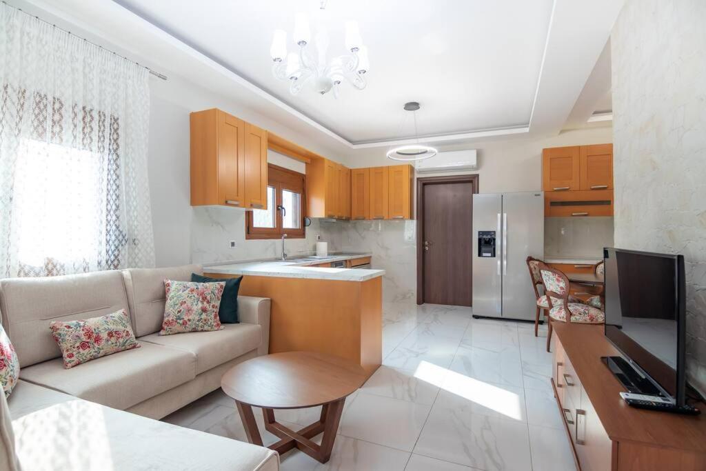 a living room with a couch and a kitchen at Διαμέρισμα με αυλή στη Μέλισσα in Xanthi