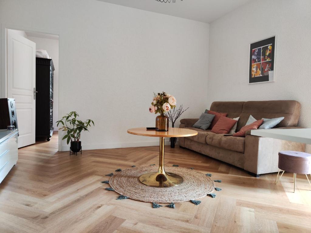 salon z kanapą i stołem w obiekcie LE PETIT ANGLE APPARTEMENT 2 Pièces, plein centre ville, près de la gare jusqu'à 4 personnes w mieście Bellegarde-sur-Valserine