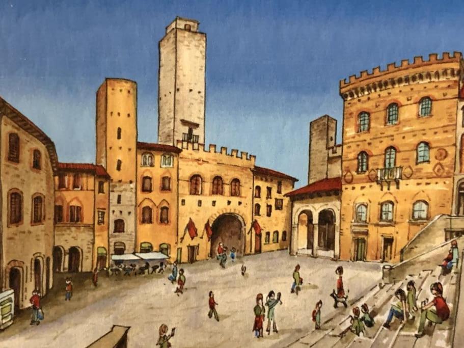 a painting of a street with people in front of buildings at Lovely 2 Bedroom in San Gimignano Historic Center in San Gimignano