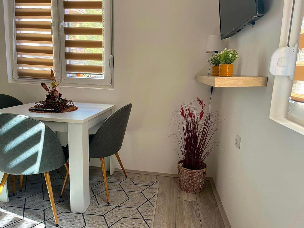 Zimmer mit einem Tisch, Stühlen und einem Fenster in der Unterkunft Apartman "Lola" in Pirot