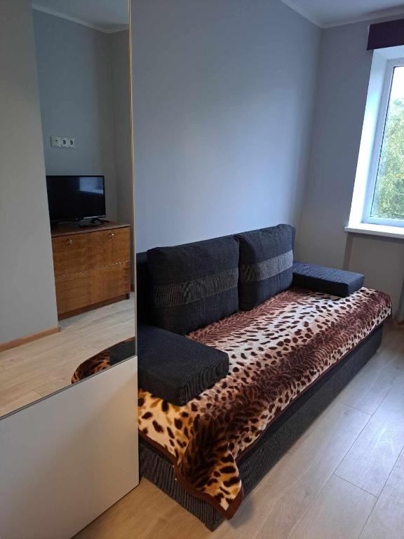 a living room with a couch with a leopard blanket at Small studio beween the Old Town and the airport in Rīga