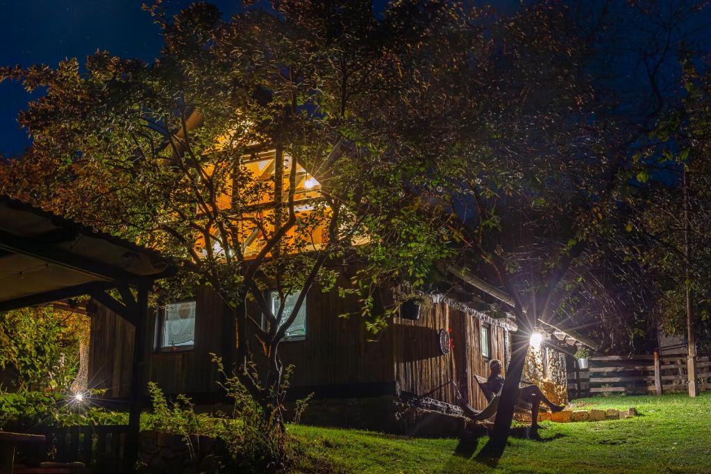 a house with a light in the yard at night at Hedgehog's Home in Korenica