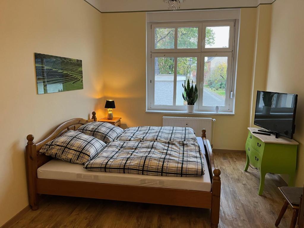 1 dormitorio con 1 cama, TV y ventana en Apartment in Aken an der Elbe, en Aken