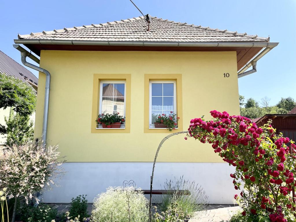 una casa amarilla con 2 ventanas y flores en Žltý domček - Apartmán Švábovce, en Svabovice