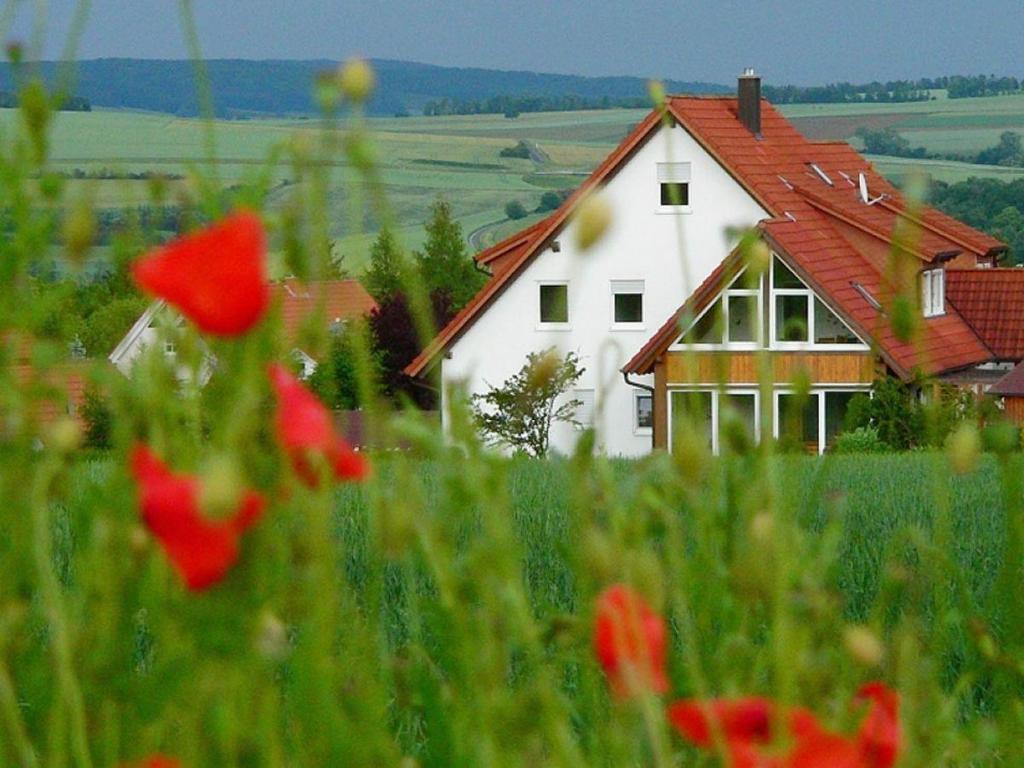 a white house with a red roof in a field of flowers at Am-Turm in Mellrichstadt