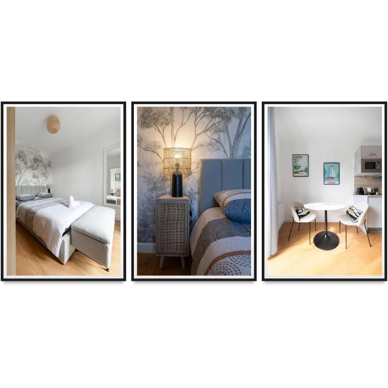trois photos d'une chambre avec un lit et une table dans l'établissement Le Royal - Appartement design - Hyper centre, à Vichy