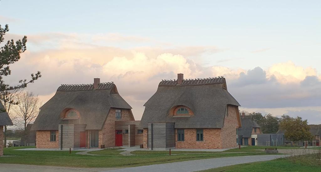 two story houses with thatched roofs on a street at Reetdorf Geltinger Birk Malerhaus Eichenwald in Nieby