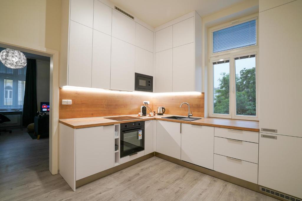 una cocina con armarios blancos y fregadero en Lucy's Apartments, en Olomouc