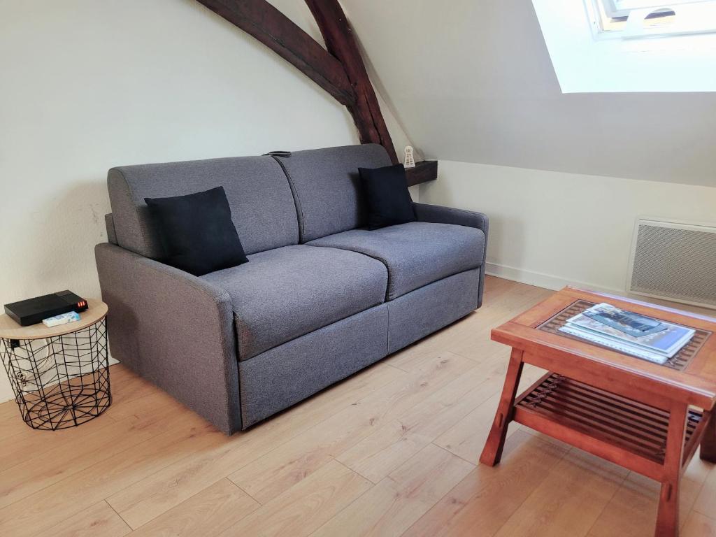 a gray couch in a living room with a table at Appartement au centre ville de Sens in Sens