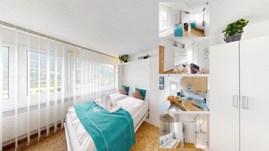 1 dormitorio con paredes blancas, 1 cama y lavamanos en Über den Dächer von Chur (Montalin), en Chur