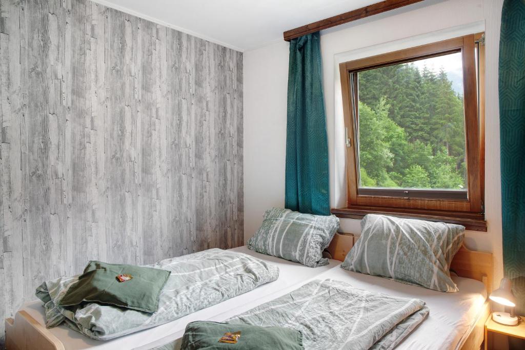 1 dormitorio con 2 camas y ventana en Sonnberg, en Stall