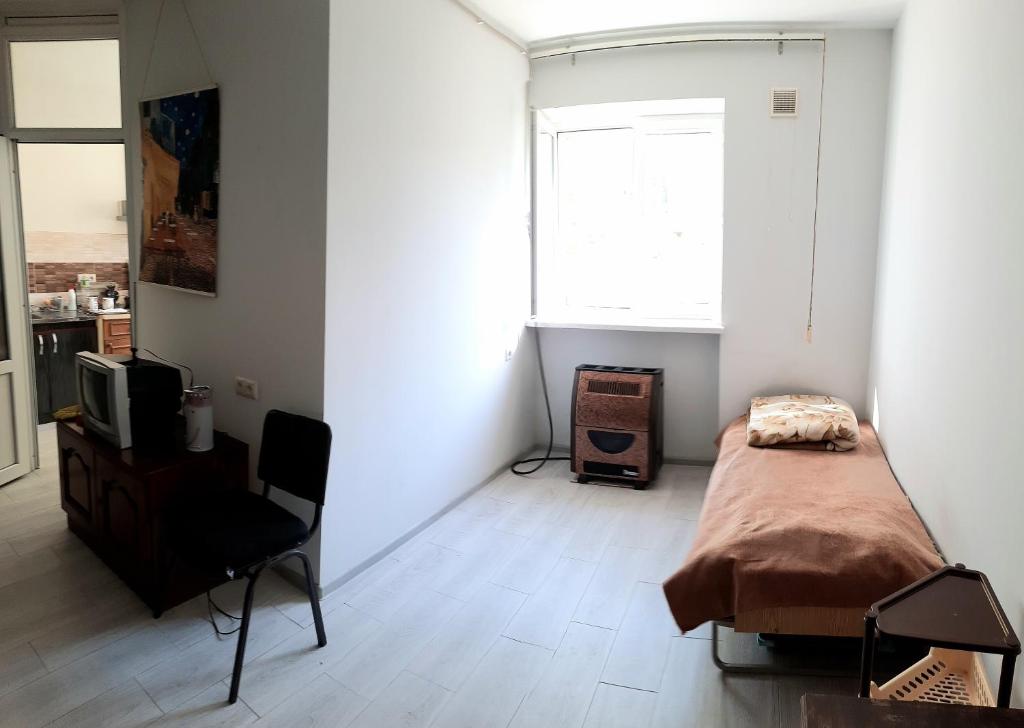 a bedroom with a bed and a tv and a window at Квартира одна-комнатная in Yerevan