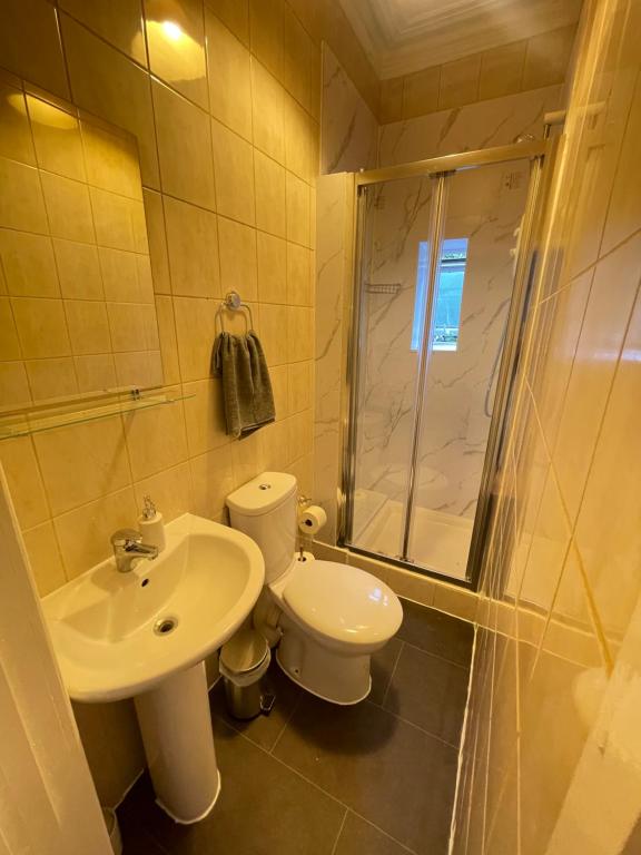 a bathroom with a toilet and a sink and a shower at Wonderful fully-equipped studio near Central London in London