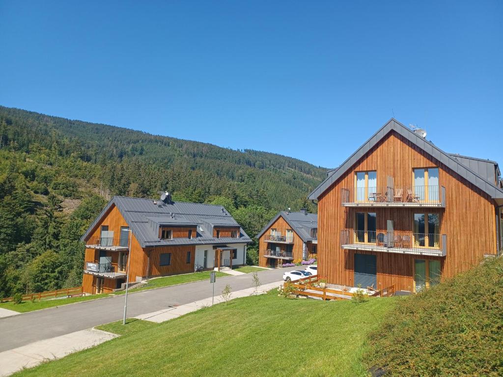 多尔尼莫拉瓦Apartmán Pod sjezdovkami的路边山丘上的一群房子