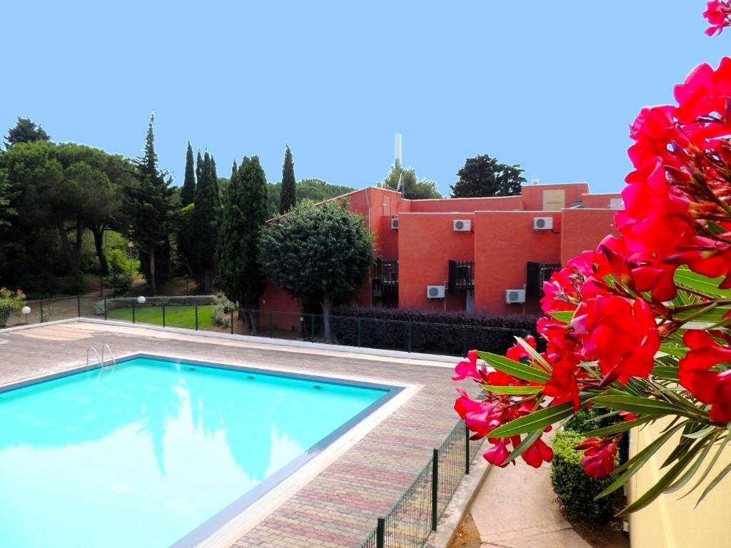 a swimming pool with red flowers next to a building at Hotel Tennis International in Cap d'Agde