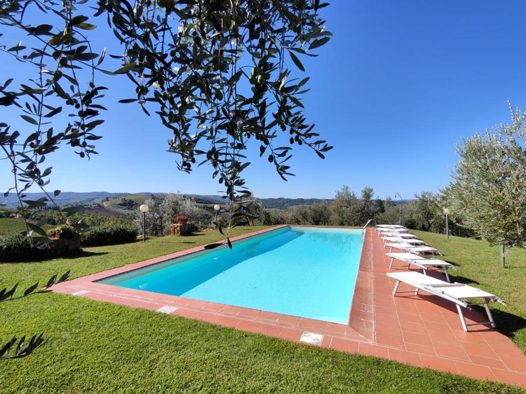 a swimming pool in a field with lounge chairs around it at Agriturismo Sommassa in Greve in Chianti