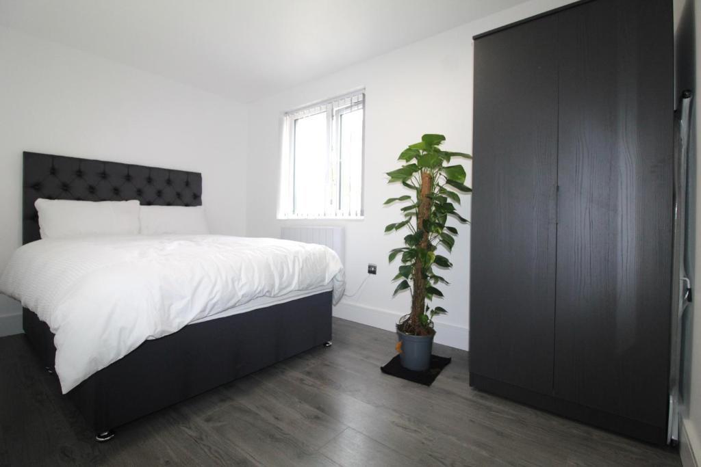 Un dormitorio con una cama grande y una maceta en F4 Hammonds Row, en Preston