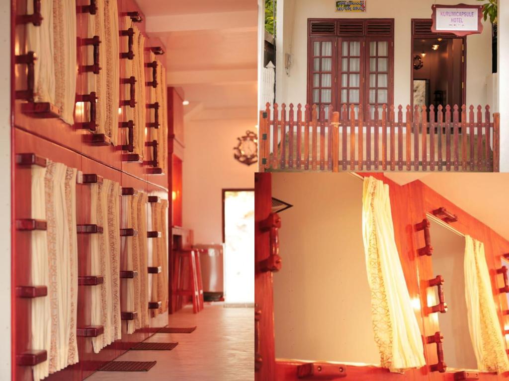 a row of bookshelves in a room at Kurumi Capsule Hotel in Weligama