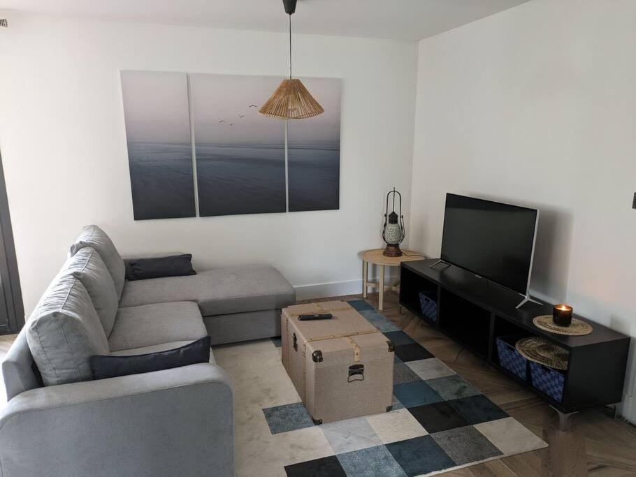 een woonkamer met een bank en een flatscreen-tv bij Rez de jardin proche de la mer in Arradon