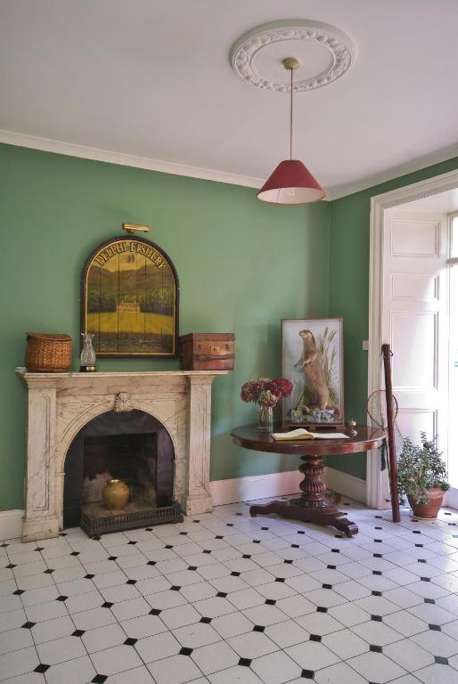 a living room with a fireplace and a table at Delphi Lodge in Leenaun