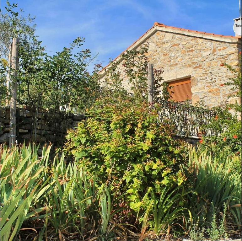 a stone house with a garden in front of it at LÍRIOS DA GRANJA - CASA DE CAMPO in Granja