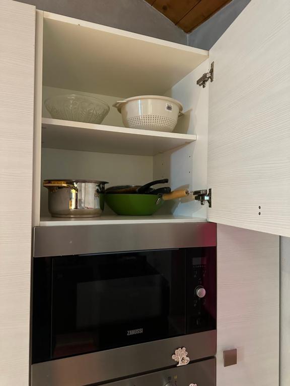 a microwave in a kitchen with some bowls on shelves at La tana di Piozzo in Piozzo