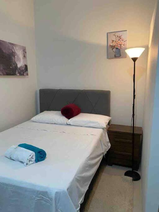 a bedroom with a bed and a lamp in it at Apartamento encantador 6 in Montes Claros