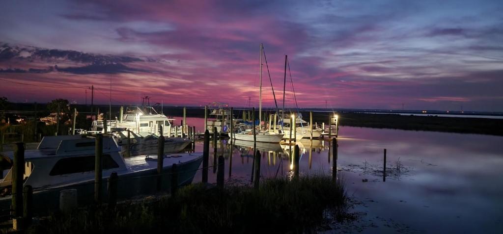 a group of boats docked at a marina at night at Legend oaks in Gautier