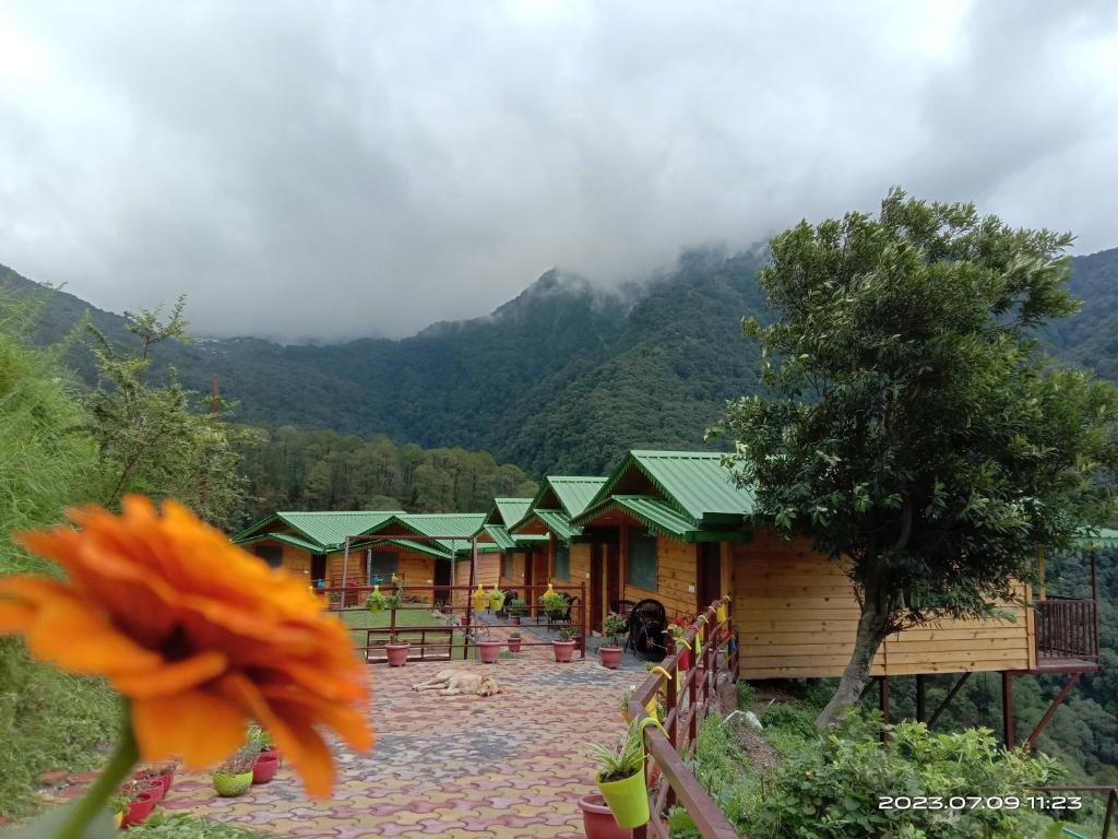 a row of houses with mountains in the background at LaSerene The Cottage in Nainital