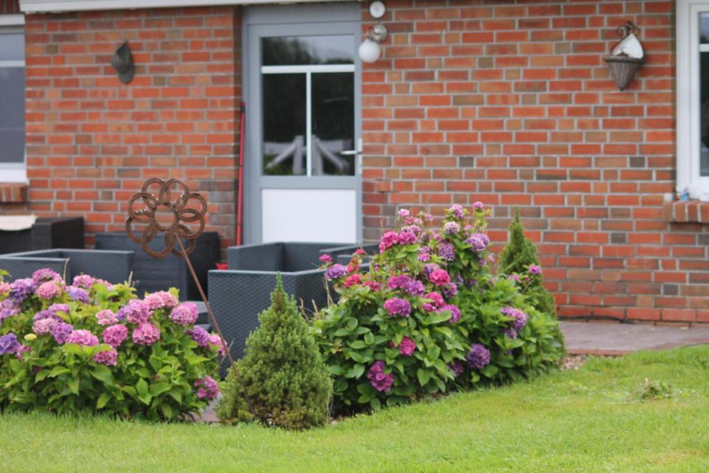 una casa con flores delante de una puerta en Balzwiekje Auszeit auf Pferdehof in Ostfriesland, en Ihlow