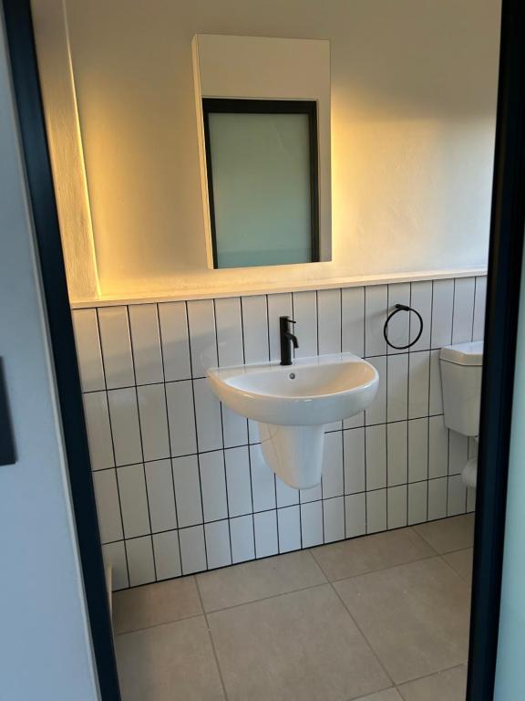 een badkamer met een wastafel, een spiegel en een toilet bij Fusion Guest House in Kempton Park