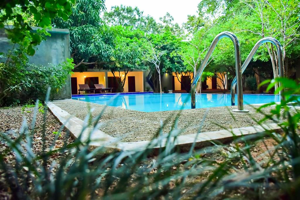 ein Schwimmbad in der Mitte eines Gartens in der Unterkunft Tropicara Resort in Sigiriya