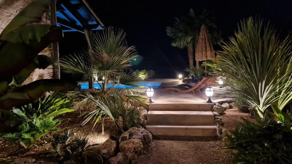 a garden at night with palm trees and lights at Le Relais des Chevaliers "Suite des Seigneurs" in Cordes-sur-Ciel