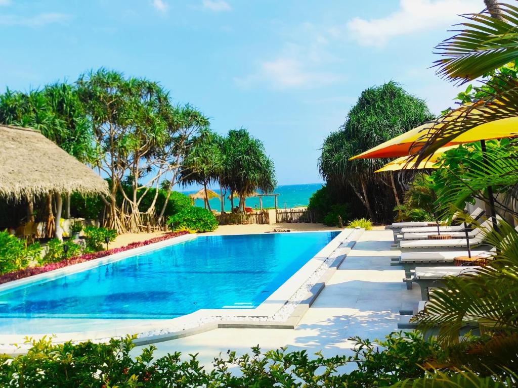 Sleeping Elephant Beach Resort في تانجالي: مسبح في منتجع فيه كراسي ومظلات