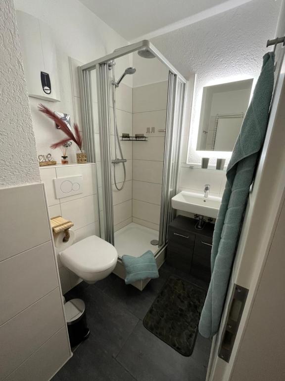 a bathroom with a shower and a toilet and a sink at Ferienwohnung Watt un Leev in direkter Strand & Citynähe von Büsum in Büsum