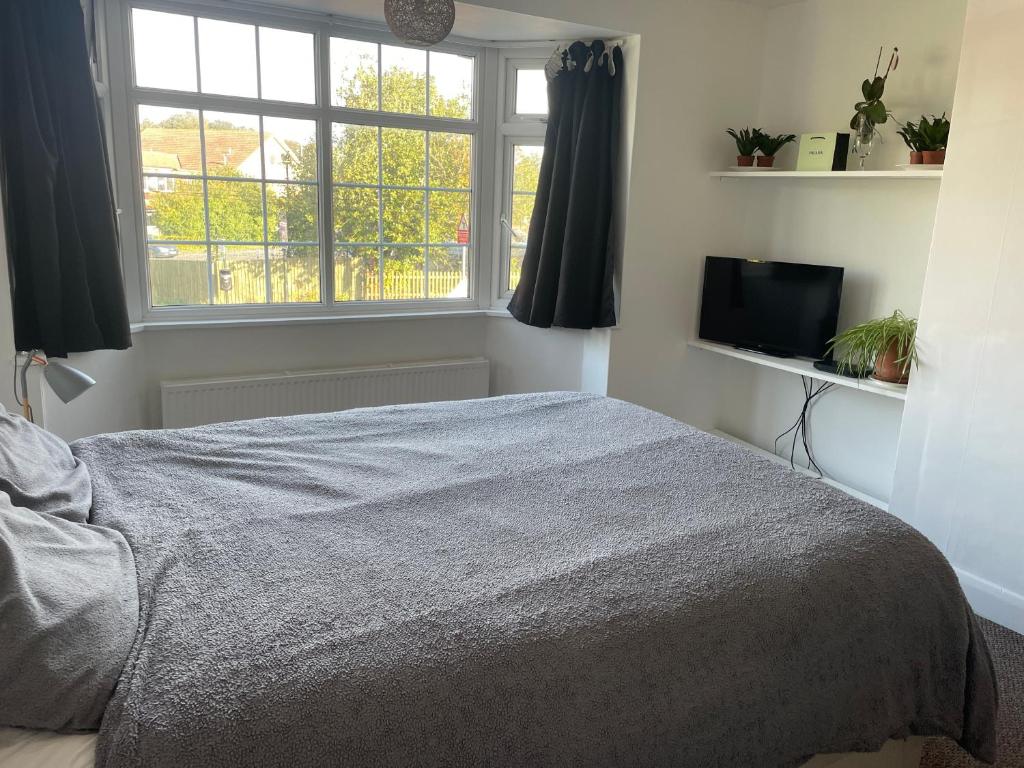 a bedroom with a bed and a tv and a window at 32 