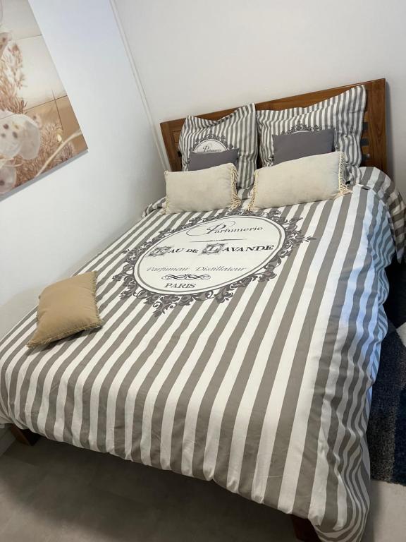 łóżko z czarno-białą kołdrą o paskach w obiekcie CHILL HOME- T2 Aménagé w mieście Sainte-Suzanne
