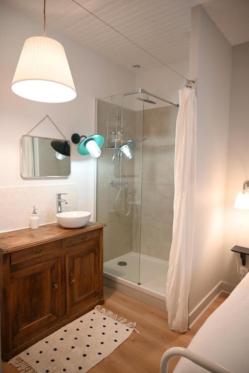 a bathroom with a sink and a shower at La Brocante - Meilleurhote-Brioude in Brioude