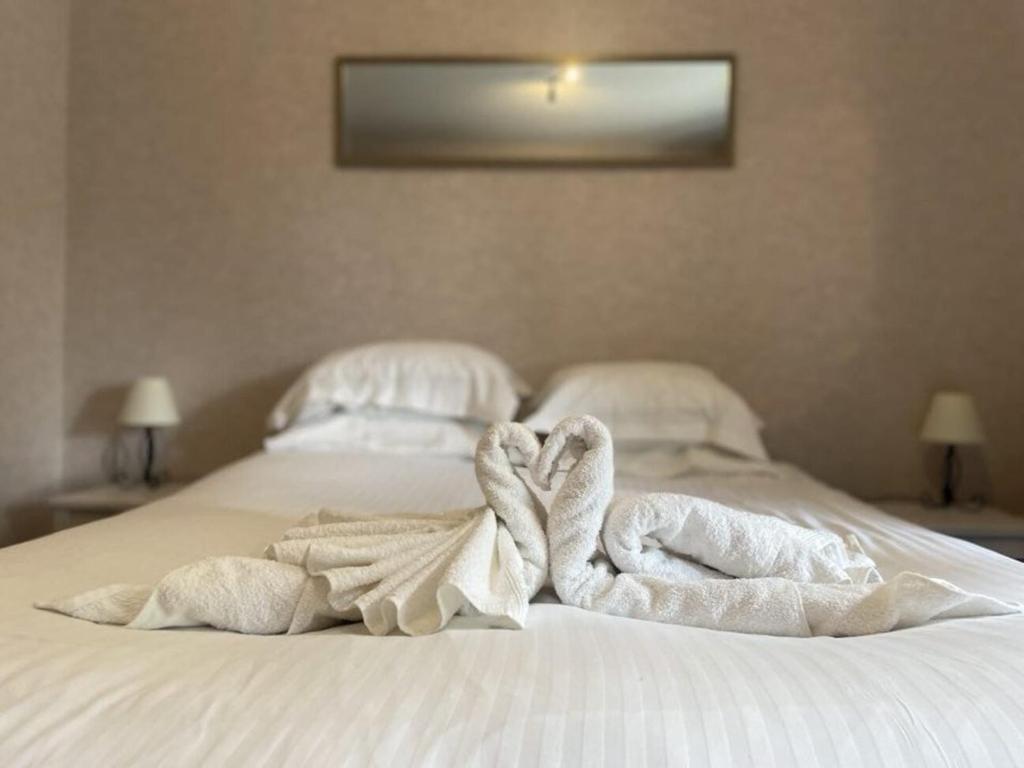 Una cama con dos toallas encima. en Superbe appartement face au Château - 2 chambres - Netflix/Canal+, en Sedan
