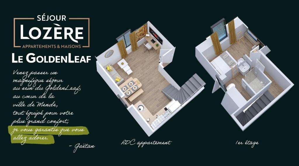 aometric rendering of a floor plan of a house at Le GoldenLeaf - Netflix/Wi-Fi Fibre - Séjour Lozère in Mende