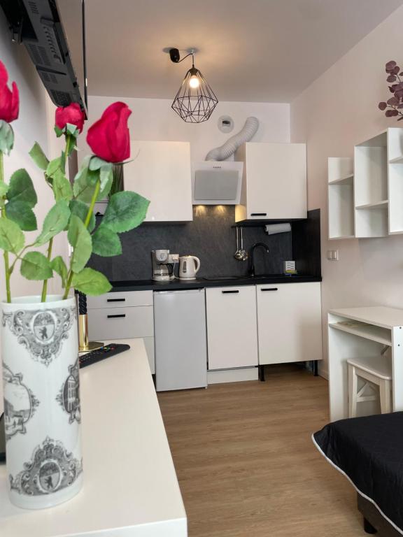 una cocina con armarios blancos y un jarrón con rosas rojas en Apartament Wypoczynek Nowoczesna Malta Parking GoldAir, en Poznan