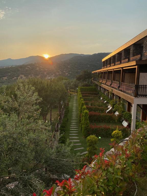 a building with a garden with the sunset in the background at Assos Longevity Hotel in Sokakagzi