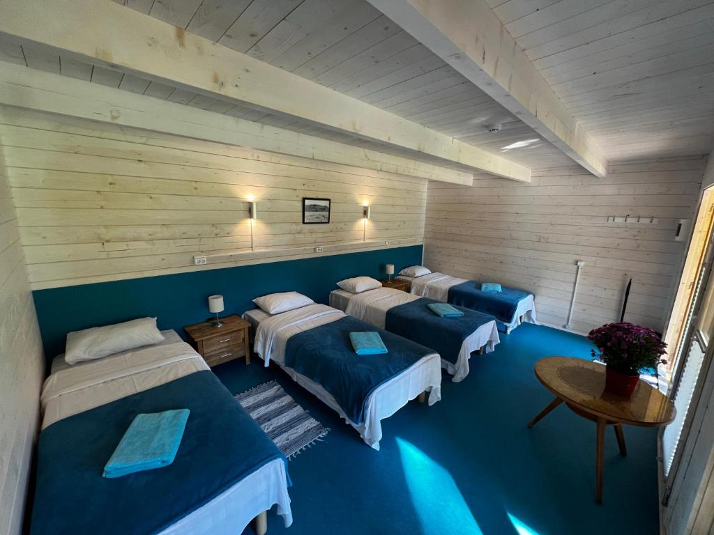Cette chambre comprend 4 lits et une table. dans l'établissement Toolse Puhkeküla, à Toolse