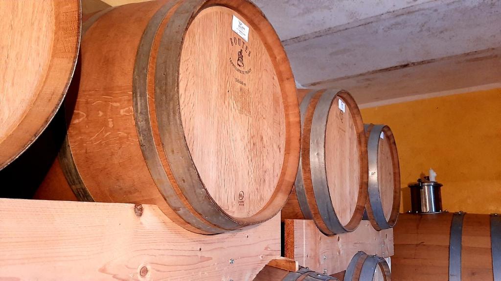 a pair of wooden wine barrels in a room at Ciabot delle Aie - Barolo in Barolo