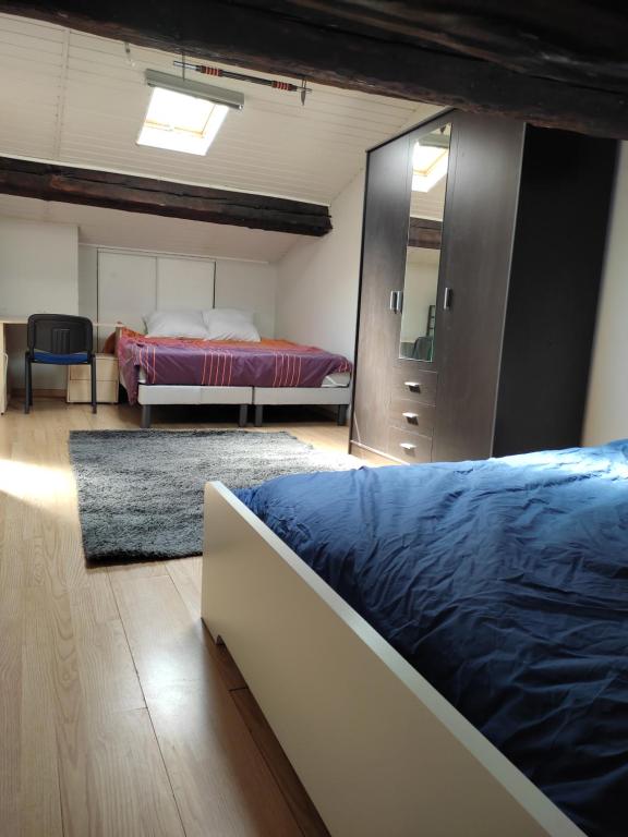 1 dormitorio con cama, tocador y espejo en Appartement 4 chambres, 5 lits et un canapé convertible en Annonay