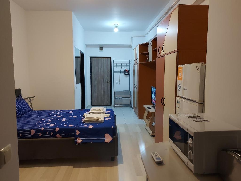 a small room with a bed and a tv at Bya Concept in Iaşi