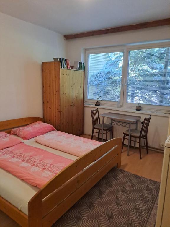 um quarto com uma cama e uma mesa com cadeiras em Apartmán na Jižní em Olomouc