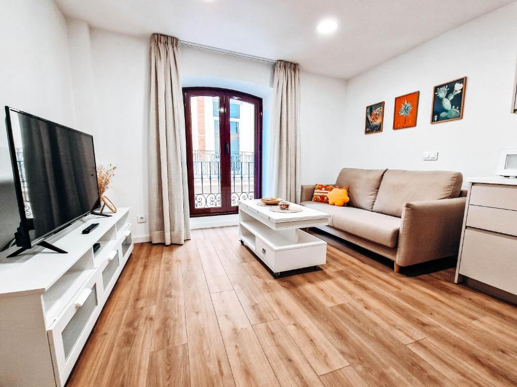 Una sala de estar con un sofá y un televisor. en Apartamento TIENDAS 8, en Almería