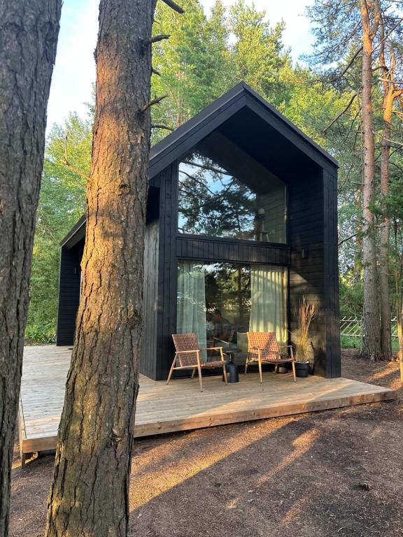 a black cabin in the woods with two chairs and a table at Bird nest in Undva